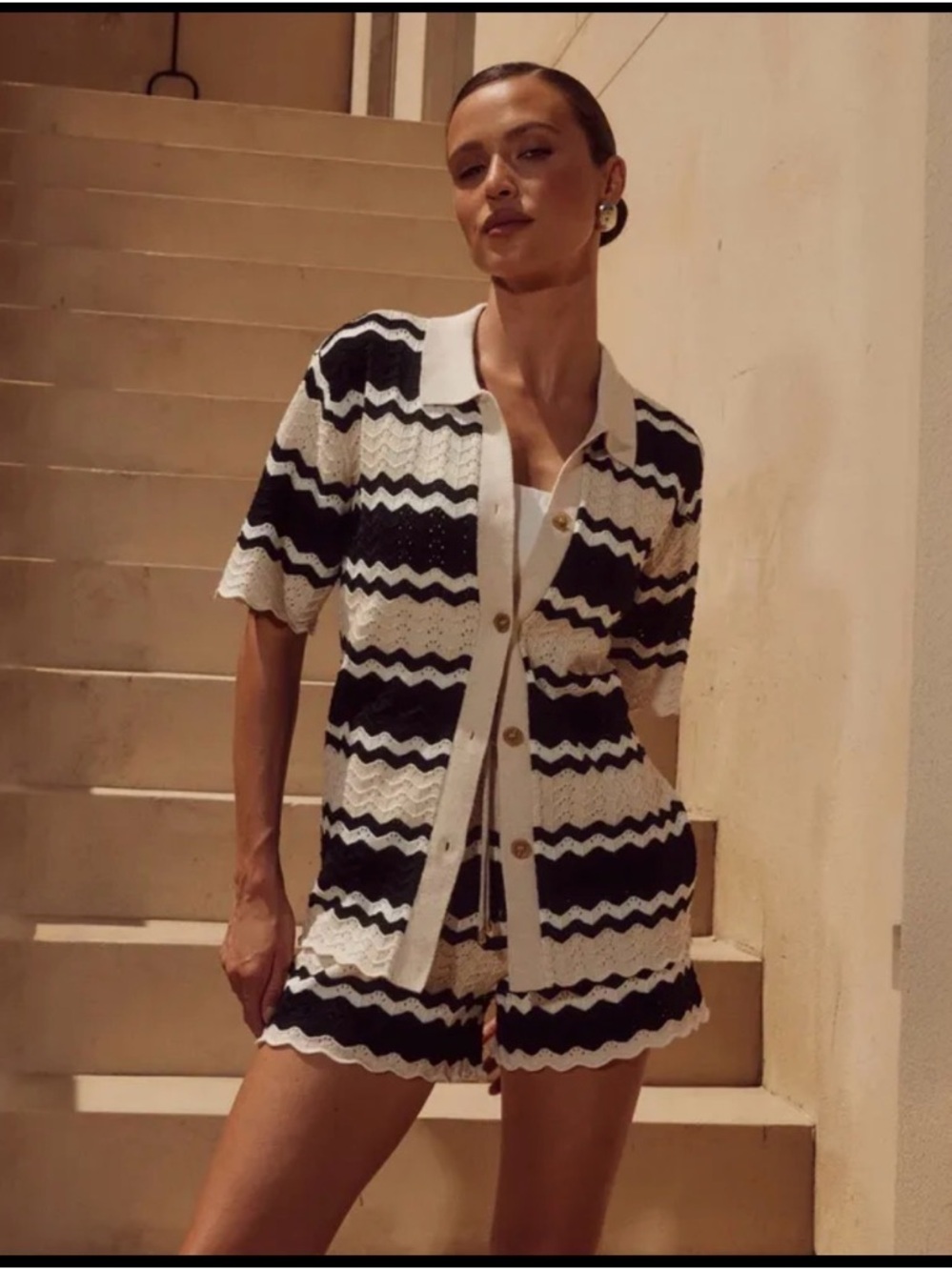 Black, Ivory  & White Chevron Knit Button-Up Set